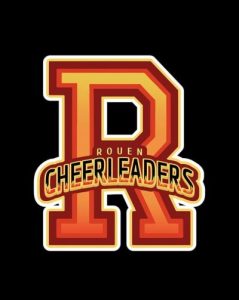 Logo des Cheerleaders de Rouen : un grand R rouge et doré sur un fond noir