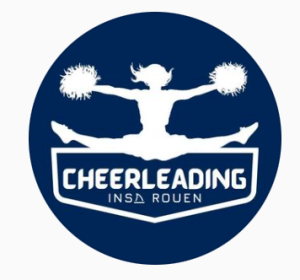Le logo du club de cheerleading de l'INSA Rouen représente une cheerleader tenant deux pompons et effectuant un « toe touch », le tout sur un fond bleu marine.