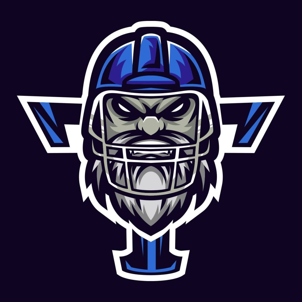 Logo des Terribles de Cherbourg : un joueur de football américain barbu avec un casque bleu. Derrière lui, un T bleu sur fond noir