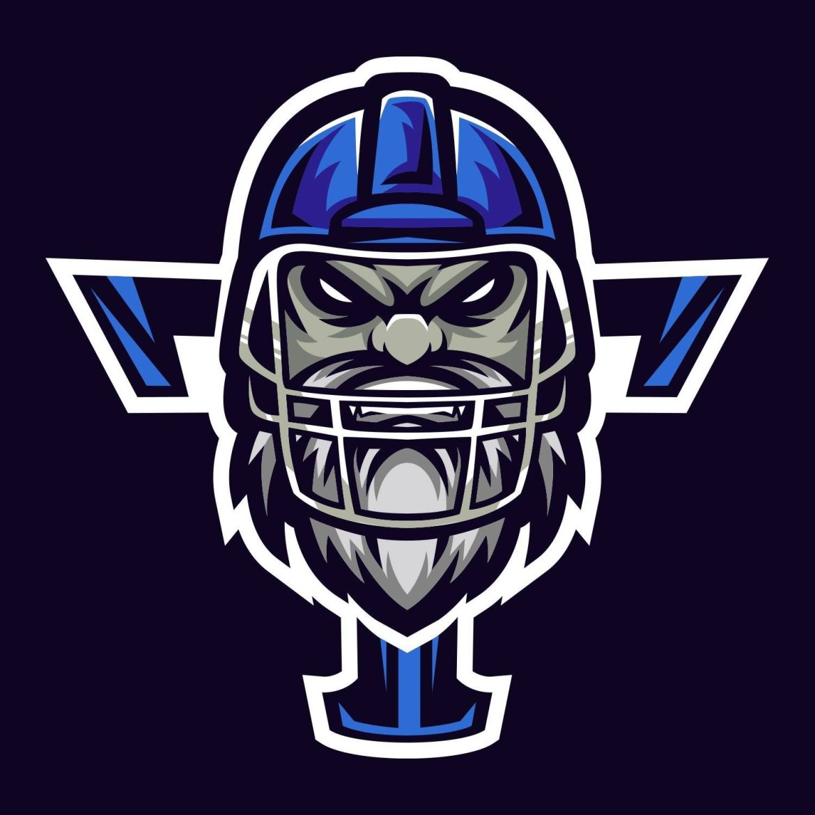 Logo des Terribles de Cherbourg : un joueur de football américain barbu avec un casque bleu. Derrière lui, un T bleu sur fond noir