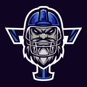 Logo des Terribles de Cherbourg : un joueur de football américain barbu avec un casque bleu. Derrière lui, un T bleu sur fond noir