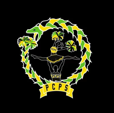 Le logo des Pharma Cheer de Paris Saclay représente un sepent vert et jaune se mordant a queue sur un fond noir. Au centre, un partner stunt.