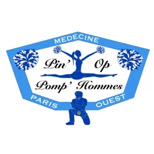 Le logo des cheerleaders de la faculté de médecine de Paris Ouest représente un Pin'Op et un Pomp'Homme en bleu.