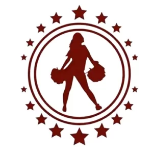 Le logo des Templiers Cheerleaders représente une silhouette pourpre d'une athlète en pompon entourée d'étoiles.