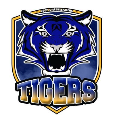 Le logo des Tigers de l'ESCP et un tigre bleu sur un blason