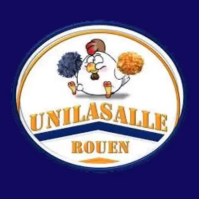 Poule portant des pompons bleu et orange