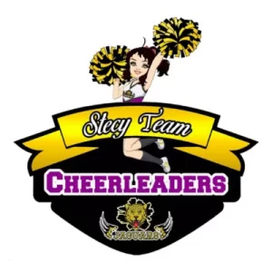 Pompom Girl sautant en l'air avec pompons jaune et noir et un jaguar, logo des Stecy Team Cheerleaders
