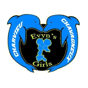 Deux dauphins bleus avec une pompom girl bleue, logo des Evyn's Girls de Charvieu Chavagneux