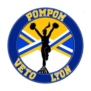 Silhouette de pompom-girl sur un porté, couleurs jaune et bleu, logo de Pompom Veto Lyon de l'ENVL.