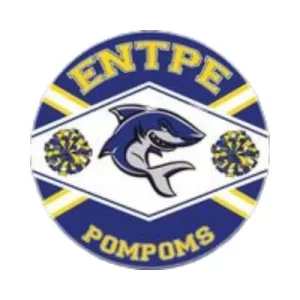 Requin bleu avec deux pompons bleu et jaune, logo des Pompoms de l'ENTPE Lyon