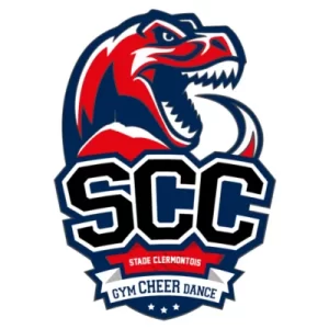Dinosaure vélociraptor rouge et bleu, logo du Stade Clermontois Cheerleading (SCC)