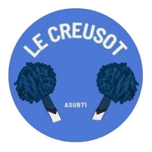 Deux bras tendant deux pompons bleus, logo d'ASUB 71, l'équipe de cheerleading de l'université Le Creusot