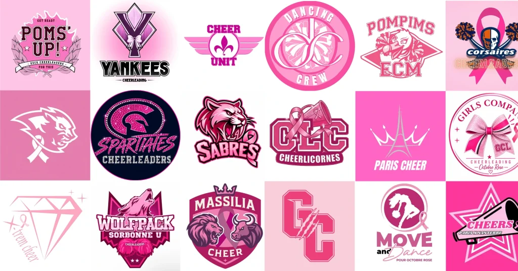 Mosaïque de logos de clubs de cheerleading français aux couleurs de l'Octobre Rose
