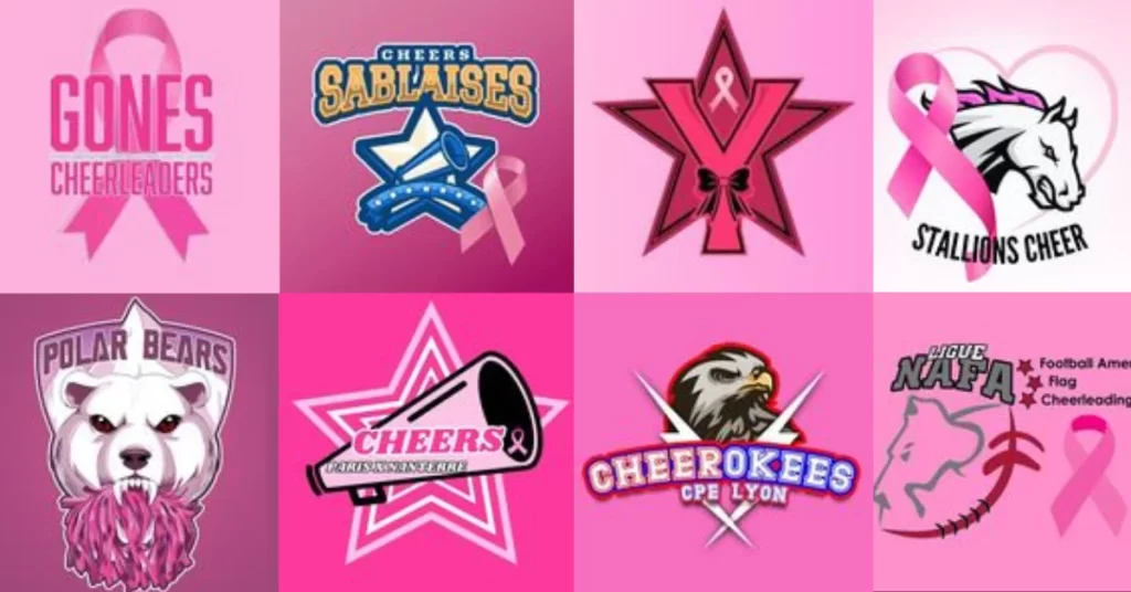 Mosaïque de logos de clubs de cheerleading français aux couleurs de l'Octobre Rose