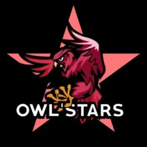 Hibou rouge déployant ses ailes et ses serres devant une étoile rouge, logo des Owl'Stars Cheerleading de la Burgundy School of Business.