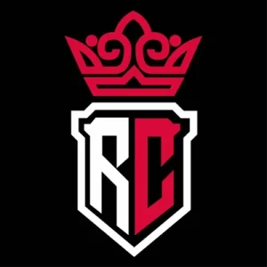 Un « R » et un « C » surmontés d'une couronne rouge sur fond noir, logo des Reign Cheerleaders de Villeurbanne, près de Lyon