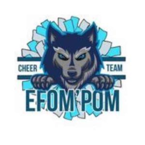 Loup blanc aux yeux bleus sur un pompon bleu et blanc, logo des EFOM Pom
