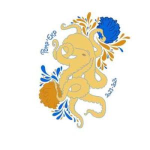 Le logo des Pomp'EKP, cheerleaders de l'école de kiné de Paris, représente un poulpe bleu portant des pompons bleu et jaune.