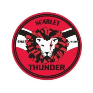 Tigre avec des pompons noir et rouge, logo des Scarlett Thunder, les pompoms de l'ENS Lyon.
