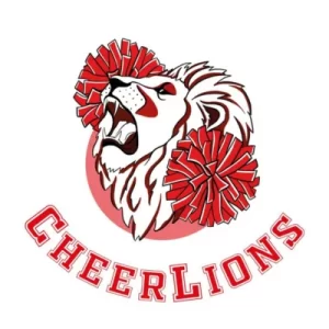 Lion rugissant avec pompons rouges, logo des CheerLions de Centrale Lyon.