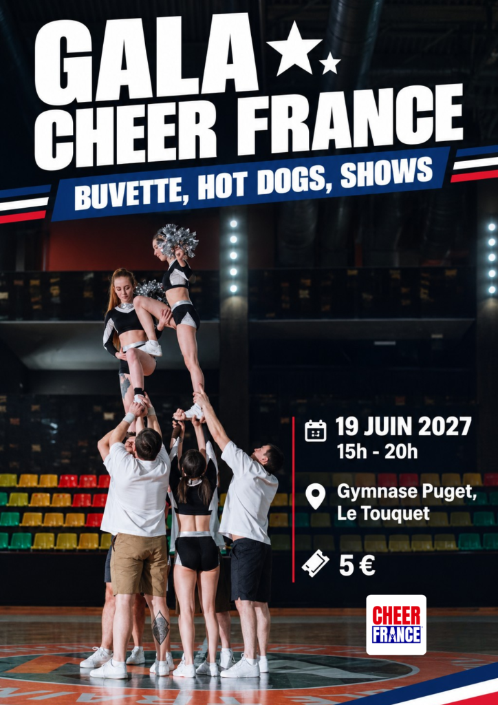 Stunt de cheerleading pour une affiche fictive de Cheer France annonçant un gala à venir